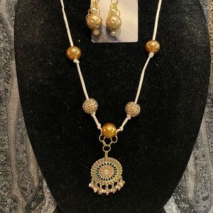 Boutique Leather and Beaded Pendant Necklace and Earring Set